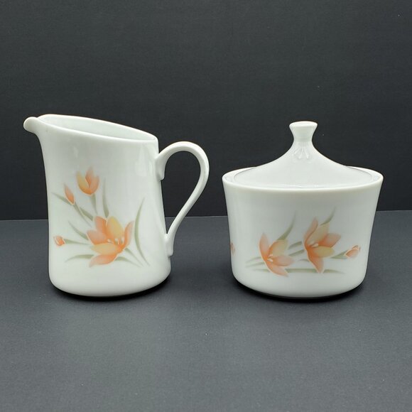 Corning Peach Floral Creamer & Sugar Bowl Corelle Peach Floral Sugar Creamer Set - Picture 1 of 7